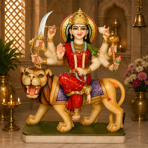 Handcrafted Marble Durga Maa Statue on Lion | Premium White Marble Durga Mata Murti by MALIYAS Jaipur India - Product Image 1
