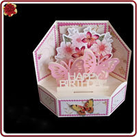 Carte de vœux créative 3D pop-up hexagonale 2026 pour anniversaire, en papier avec vernis mat, papillon rose, fleur découpée au laser, pour maman