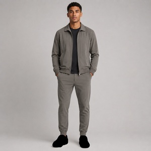 Ensemble de survêtement gris pour homme 2026 – Sweat-shirt zippé pleine longueur et pantalon décontracté de couleur unie avec poches latérales – 100 % coton – Collection automne - Product Image 2