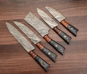 Juego de Cuchillos de Cocina de Acero de Damasco, 5 Piezas, Mango de Madera Bicolor, Juego de Cuchillos de Chef con Bolsa de Cuero, Juego de Cubertería Hecho a Mano, Venta al por Mayor - Product Image 2