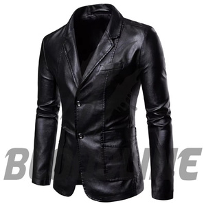 Men's Burgundy PU Leather Blazer Slim Fit Turn-<b>down</b> Collar Single Breasted Smart Casual Jacket Autumn Wear - Product Image 3