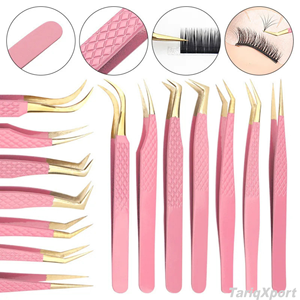 Professional Anti-static Stainless Steel Slanted Pointed <b>Pink</b> Grafting Eyelash Flowering Tweezers Custom Logo 10mm Length - Product Image 3
