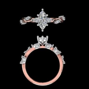 Elegante Anillo de Compromiso de Oro Rosa con Diamantes Marquise, Banda Única Estilo Enredadera con Detalles Marquise, Joyería Nupcial Bicolor, Regalo - Product Image 1