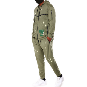 Conjunto Deportivo para Hombre, Sudadera con Capucha y Cremallera Verde Oliva Sólido y Pantalones Jogger, Estilo Urbano con Estampado de Letras, Corte Regular - Product Image 1