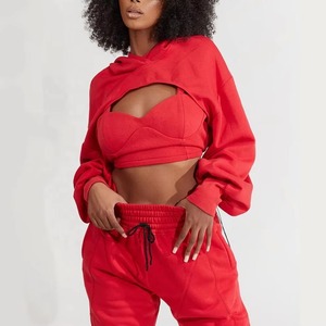 Women Red Hooded Tracksuit Set Full Sleeve <b>Crop</b> Top With Drawstring Joggers Casual Loose Fit Solid Color Winter wear - Product Image 4
