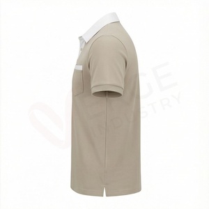Polo en piqué de coton beige à manches courtes pour homme avec poche, décontracté, respirant, coupe classique, design tricoté uni - Product Image 3