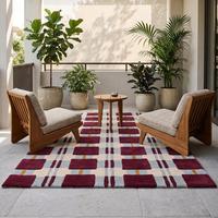 Tapis moderne classique bordeaux à motif floral en laine, noué à la main, à poils plats, épaisseur moyenne, durable, motif quadrillé, pour salon