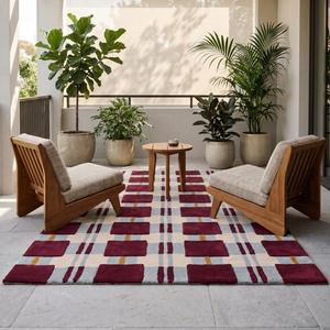 Alfombra Moderna de Lana con Diseño Geométrico a Cuadros Color Borgoña, Alfombra Tejida a Mano con Patrón de Cuadrícula para Sala de Estar, Dormitorio, Decoración del Hogar - Product Image 2