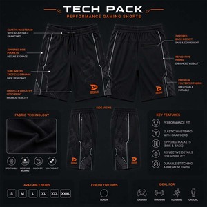 Shorts tactiques esports noirs discrets, séchage rapide, écologiques, respirants, avec poche zippée, shorts de performance pour équipes OEM, polyester personnalisé - Product Image 4