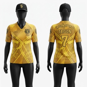 เสื้อดิสก์กอล์ฟผู้หญิง 160 GSM ผ้าโพลีเอสเตอร์ระบายความชื้น คอวี สีเหลืองทอง พิมพ์โลโก้ ชื่อ หมายเลข ทีม ตามสั่ง - Product Image 1