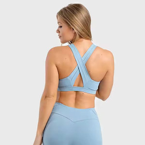 Women Light <b>Blue</b> Twist Halter Sports <b>Bra</b> Deep V-Neck Seamless Medium Support Yoga Wear Breathable Spandex Polyester - Product Image 5