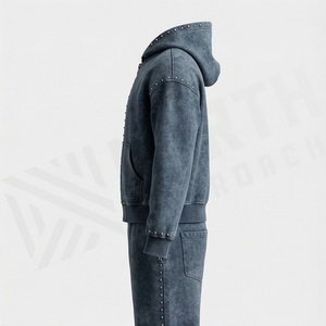 Custom <b>Distressed</b> Zip Up Customized Color Flared Sweatpants Hoodie Sets Men Streetwear Rhinestone Tracksuit Acid Wash - Product Image 3