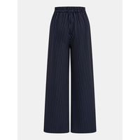 Ensemble coordonné deux pièces en rayures fines linéaires bleu marine, comprenant un haut peplum asymétrique à nouer et un pantalon large à jambes larges, style Meridian Wrap