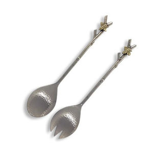 Ensemble de 2 cuillères à salade en métal plaqué argent vintage avec manches à motif bambou, élégants ustensiles de service de table en promotion - Product Image 5