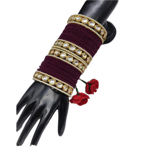 <b>Gold</b> Plated Kundan Stone and <b>Pearls</b> Velvet Bangles Set Elegant <b>Pearl</b> <b>Bracelets</b> - Product Image 1