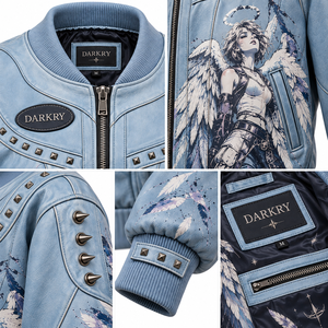 Chaqueta Bomber de Cuero Genuino Azul Claro para Mujer con Estampado de Arte de Halo Alado Personalizado, Dobladillo Acanalado y Detalles de Púas - Fabricante de Prendas de Abrigo - Product Image 6