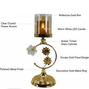 Golden Brass <b>Candelabra</b> with Amber Glass Candle Holders for Home Decoration - Product Image 2