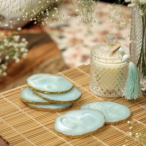 High Quality Eco-Friendly Custom Brand Modern Resin Oval <b>Coaster</b> <b>Green</b> Gold Leaf Design 400mm Diameter 5mm Thick Home Wedding - Product Image 1