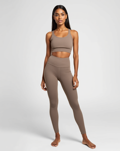Conjunto de yoga acanalado sin costuras para mujer, leggings de cintura alta de longitud completa, top de cuello redondo con espalda cruzada, ropa deportiva de dos piezas para gimnasio y fitness - Product Image 2