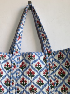 Bolsa de Mano de Algodón con Estampado Floral Azul, Diseño de Paneles, Parte Superior Abierta, para Todas las Temporadas, Estilo Bohemio - Product Image 3