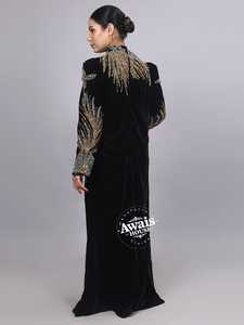 Awais House Women's Black Velvet Polyester Natural Waist Floor-Length V-neck Long Sleeve Beaded Embroidery Modest Evening A-Line - Product Image 3