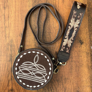 Sac à main ODM OEM personnalisé en cuir suédé avec point de botte, porte-monnaie à bandoulière usiné à la main, pochette à fermeture éclair, sac à main rond multifonction pour femmes - Product Image 4