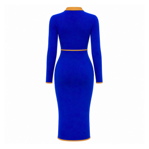 เดรสทรงบอดี้คอนสีน้ำเงินสำหรับผู้หญิง ยี่ห้อ Sigma Gamma Rho พร้อมปกโปโลสีทองตัดกัน ซิปยาวครึ่งตัว แขนยาว ทรงเข้ารูป สไตล์ลำลอง - Product Image 4