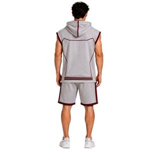 Conjunto Deportivo para Hombre, Gris Claro y Borgoña, Sin Mangas, con Capucha, Logotipo Personalizado, para Gimnasio, Fitness, Entrenamiento, Sudadera con Capucha y Pantalones Cortos, Ropa Deportiva - Product Image 2