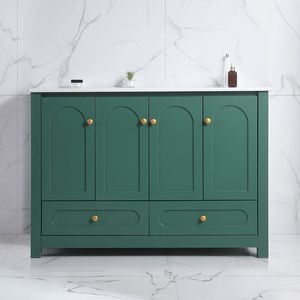 Mobile Bagno Verde da 48 Pollici con 4 Ante a Chiusura Ammortizzata, 2 Cassetti, Ampio Spazio di Archiviazione e Lavabo in Ceramica Integrato - Product Image 1