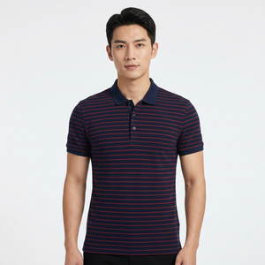 Polo de Punto a Rayas para Hombre, Manga Corta, Corte Regular Informal, Patrón Azul Marino y Rojo - Product Image 5