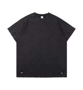 T-shirt à col rond pour homme, coupe ample, couleur unie, tissu jersey lavé, style streetwear, design uni tricoté - Product Image 4