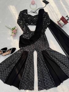 Conjunto Lehenga Choli Sharara Negro Bordado para Mujer, Étnico, Reversible, de Secado Rápido, Largo hasta el Tobillo, para Fiestas, Bodas, Diwali - Product Image 6