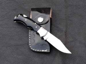 Custom Handmade D2 Steel Folding Pocket Knife Classic Lockback Hunting Knife with Black Horn Handle and Genuine Leather Sheath - Product Image 1