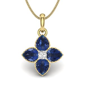Yellow Gold Diamond Pendant With Round Brilliant Cut Center And Sapphire Side Stones For Women's Everyday Wear - Product Image 1