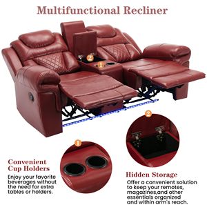 Clinda reclinabile per Home Theater rosso vino con portabicchieri in pelle reclinabile manuale e striscia luminosa a LED per soggiorno - Product Image 4