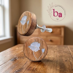 Ba Wooden Cabinet <b>Knobs</b> with Mother of Pearl Flower Inlay Round Rustic for Kitchen <b>Dresser</b> Wardrobe Bedroom Dining - Product Image 1