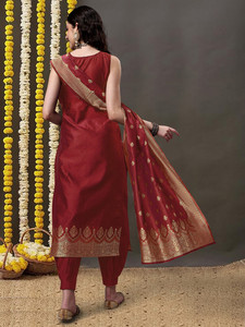 Women <b>Red</b> Traditional <b>Silk</b> Suit With Gold Foil Print Dupatta Regular Fit Floor Length For Diwali India Pakistan Style - Product Image 6