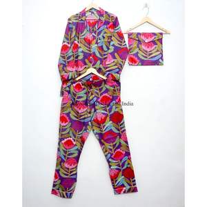 Ensemble de pyjama pour femmes en coton 100% fait main, luxueux, vintage, romantique, classique, floral, automne, 2 pièces, doux, lisse, respirant, séchage rapide - Product Image 3