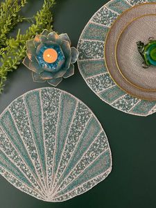Sparkling Teal Beaded Shell Placemat Scallop Shape Handmade Decorative Table <b>Mat</b> Premium Quality Wedding Party Dining Decor - Product Image 5