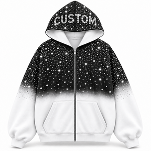 เสื้อฮู้ดดี้โอเวอร์ไซส์ผ้าฝ้ายแท้ 100% ประดับเพชร ซิปหน้า สีดำไล่ระดับขาว ดีไซน์เพชร เสื้อแจ็คเก็ตผู้ชายสำหรับฤดูหนาว - Product Image 1