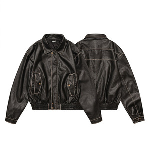Blouson en cuir décontracté rétro américain pour homme, hiver 2025, avec col montant, fermeture éclair, coupe ample et coupe-vent - Product Image 3