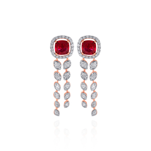 Boucles d'oreilles en or rose avec rubis et diamants, taille ronde, bijoux de luxe pour femmes, diamants de laboratoire - Product Image 1