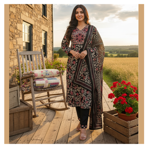 Elegant Women's <b>Black</b> Kurti Set Cotton Silk Full Sleeve Full Stitched for Regular and Festive Occasions - Product Image 1