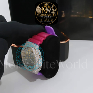 Montre à quartz de luxe pour femme, cadran en cristal, date/jour automatiques, boîtier en strass, acier inoxydable, résistant à l'eau 3BAR, bracelet rose et violet - Product Image 4