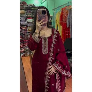 SRK Beautiful <b>Maroon</b> Silk Salwar Kameez with Embroidered <b>Top</b>-Bottom and Dupatta for Weddings Size XL - Product Image 4