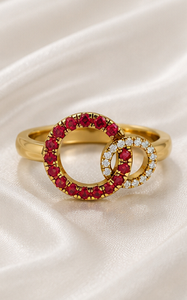 925 Sterling Silver Gold Plated Double <b>Circle</b> <b>Ring</b> with Red & White Cubic Zirconia | Modern Geometric Fashion <b>Ring</b> for Women - Product Image 4