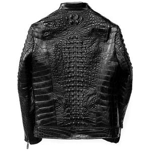 Chaqueta de invierno de cuero genuino con patrón de cocodrilo hecha a mano para hombre, color burdeos brillante, estilo exótico de lujo totalmente personalizado. - Product Image 4