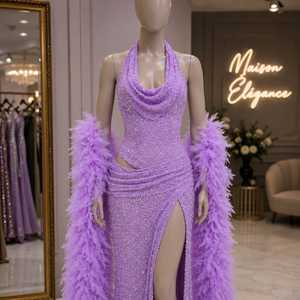 Lavender Crystal Beaded Mermaid Evening Gown Feather Shawl Designer Halter Neck High Slit Sweep Train Prom <b>Dress</b> Glamorous <b>Dress</b> - Product Image 3