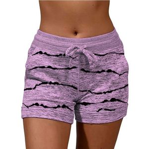 Shorts tricotés pour femmes à cordon de serrage, motif rayé, décontractés, taille mi-haute, respirants, mélange coton élasthanne, coupe classique - Product Image 3
