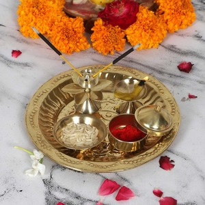 <b>Decorative</b> Brass Pooja Thali Set Designer Finish Puja <b>Plate</b> with Diya Bell Kalash Home Temple Decor Festive Gift - Product Image 5